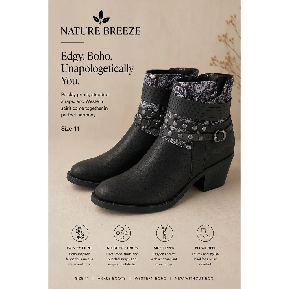 NEW Nature Breeze Ankle Boots Women 11 Black Paisley Studded Strappy‎ Block Heel